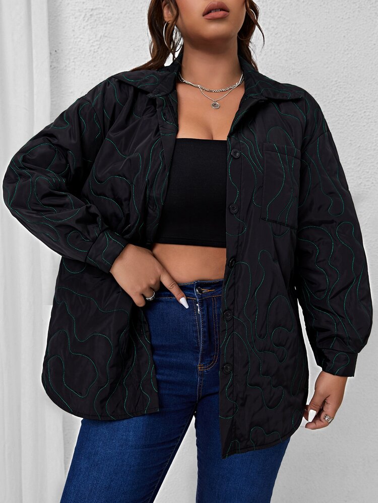 Plus Stitch Detail Patched Pocket Drop Shoulder Padded Padded Coat Clothes Winter - Black - View 1