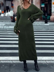 SHEIN LUNE Drop Shoulder Jumper Dress Without Belt - Army Green - View 3