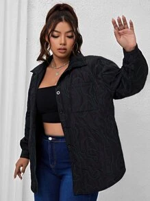 Plus Stitch Detail Patched Pocket Drop Shoulder Padded Padded Coat Clothes Winter - Black - View 3