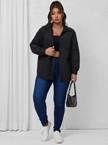 Plus Stitch Detail Patched Pocket Drop Shoulder Padded Padded Coat Clothes Winter - Black - View 4