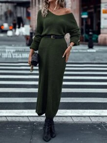 SHEIN LUNE Drop Shoulder Jumper Dress Without Belt - Army Green - View 5