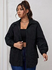 Plus Stitch Detail Patched Pocket Drop Shoulder Padded Padded Coat Clothes Winter - Black - View 5