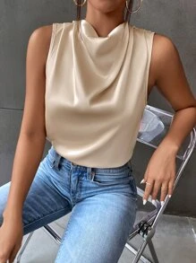 SHEIN Privé 垂領後鎖孔緞面襯衫 - 香檳色 - 查看 5