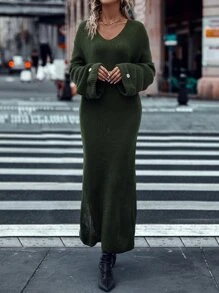 SHEIN LUNE Drop Shoulder Jumper Dress Without Belt - Army Green - View 6