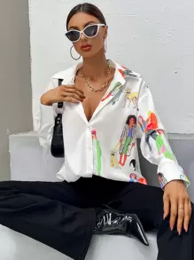 SHEIN Essnce Figure Graphic Drop Shoulder Longline Shirt - Multicolor - View 1