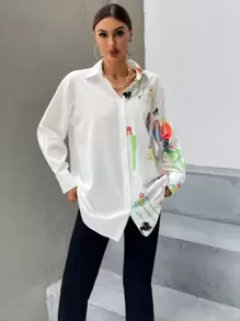 SHEIN Essnce Figure Graphic Drop Shoulder Longline Shirt - Multicolor - View 3