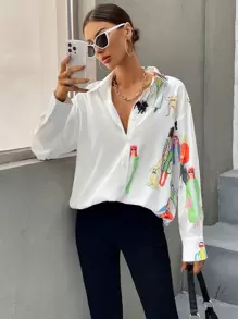 SHEIN Essnce Figure Graphic Drop Shoulder Longline Shirt - Multicolor - View 4