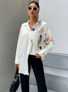 SHEIN Essnce Figure Graphic Drop Shoulder Longline Shirt - Multicolor - View 5
