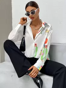 SHEIN Essnce Figure Graphic Drop Shoulder Longline Shirt - Multicolor - View 6