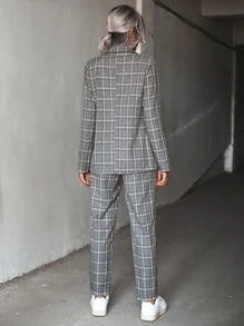 EMERY ROSE 2 件套经典双排扣格子西装：夹克和裤子套装，适合休闲/商务穿着 - 淺灰色 - 查看 2