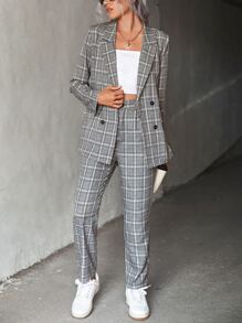 EMERY ROSE 2 件套经典双排扣格子西装：夹克和裤子套装，适合休闲/商务穿着 - 淺灰色 - 查看 6