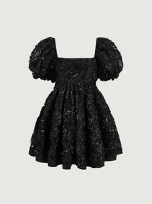 SHEIN MOD Square Neck Puff Sleeve A-line Dress - Black - View 2