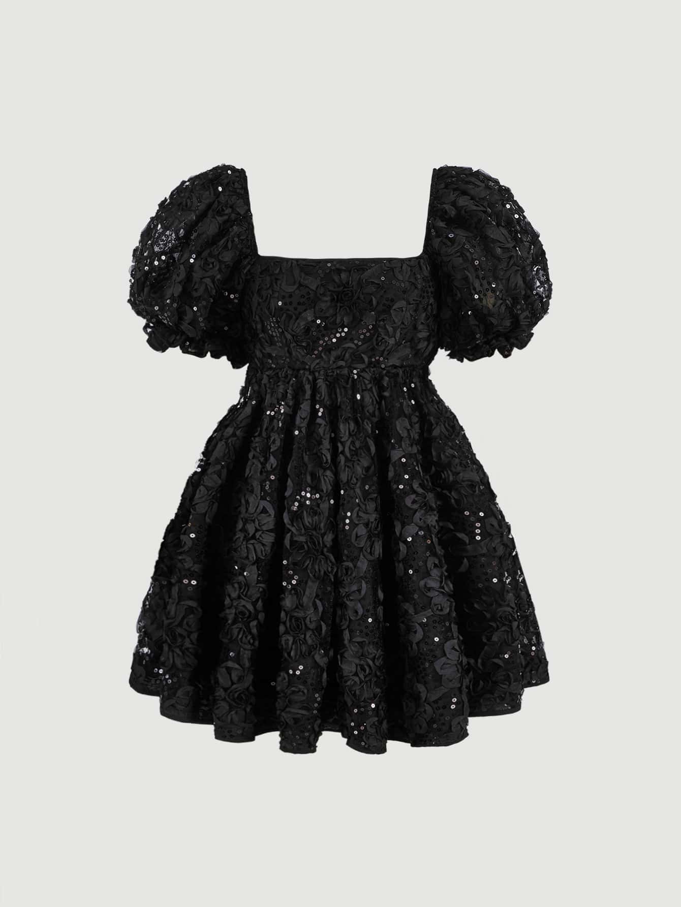 SHEIN MOD Square Neck Puff Sleeve A-line Dress - Black - View 2