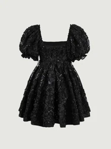 SHEIN MOD Square Neck Puff Sleeve A-line Dress - Black - View 8