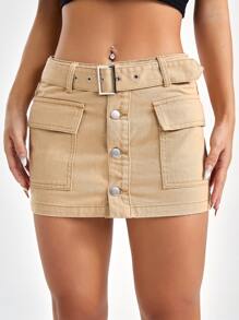 SHEIN PETITE Flap Pocket Button Front Belted Denim Skirt - Khaki - View 1