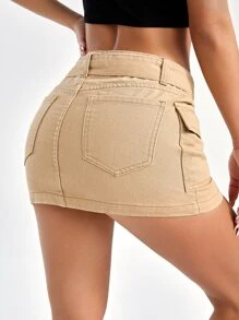SHEIN PETITE Flap Pocket Button Front Belted Denim Skirt - Khaki - View 2