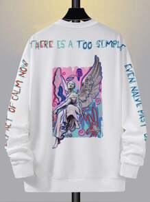 Manfinity LEGND Men Angel & Slogan Graphic Drop Shoulder Pullover Without Necklace - White - View 3