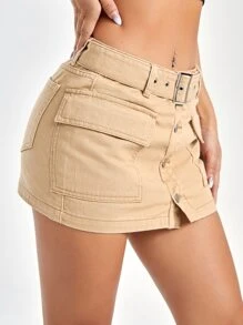 SHEIN PETITE Flap Pocket Button Front Belted Denim Skirt - Khaki - View 3