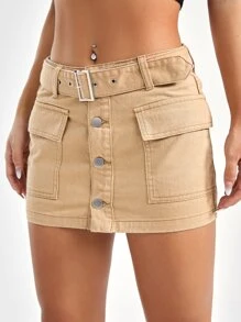 SHEIN PETITE Flap Pocket Button Front Belted Denim Skirt - Khaki - View 4
