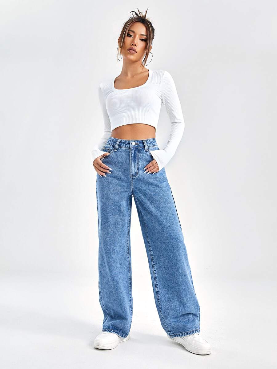 SHEIN EZwear Slant Pocket High Waist Boyfriend Jeans SHEIN USA shein-ezwear-slant-pocket-high-waist-boyfriend-jeans-shein-usa