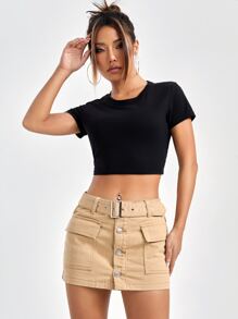 SHEIN PETITE Flap Pocket Button Front Belted Denim Skirt - Khaki - View 5