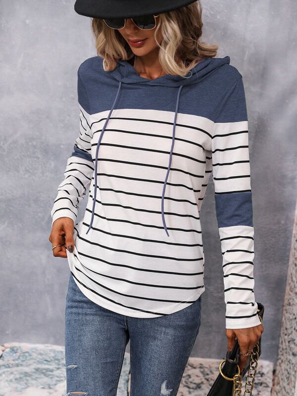 SHEIN LUNE Striped Color Block Drawstring Hoodie,Ladies Spring/Fall Casual Drawstring Long Sleeve Hooded Regular Fit Regular Navy Blue Regular Sleeve Pullovers Women Hoodies,Long Sleeve Tops Graduation,Back To School Outfits,Graduation,Teacher Outfits For Women,Back To School