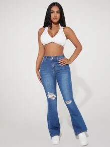 SHEIN PETITE 破洞靴型牛仔褲 - 中等水洗藍 - 查看 2