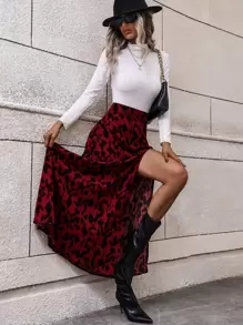 Pariaura 高腰开叉大腿裙，适合新年服装，长款女装 - 紅色 - 查看 7