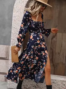 女式花卉印花开衩长裙 超长度假海滩装 - 藏蓝色 - 查看 6