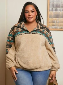 SHEIN CURVE+ Plus Geo Print Half Zip Teddy Sweatshirt - Khaki - View 1