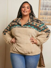 SHEIN CURVE+ Plus Geo Print Half Zip Teddy Sweatshirt - Khaki - View 7