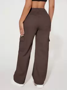SHEIN PETITE Jeans cargo de talle alto con bolsillo con solapa - Café integral - Ver 2