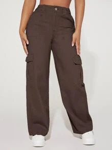 SHEIN PETITE Jeans cargo de talle alto con bolsillo con solapa - Café integral - Ver 3