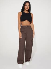 SHEIN PETITE Jeans cargo de talle alto con bolsillo con solapa - Café integral - Ver 4