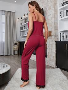 Bộ đồ ngủ Nữ Nút phía trước Tương phản ren màu trơn Thanh lịch - Màu Đỏ Sâu - Xem 2