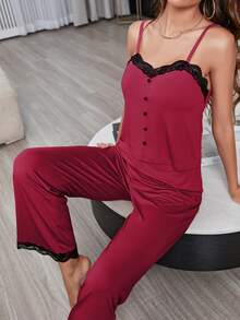 Bộ đồ ngủ Nữ Nút phía trước Tương phản ren màu trơn Thanh lịch - Màu Đỏ Sâu - Xem 6