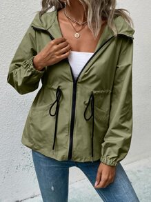 SHEIN LUNE Áo khoác nữ Dây kéo Túi màu trơn Giải trí - xanh quân đội - Xem 3