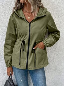 SHEIN LUNE Áo khoác nữ Dây kéo Túi màu trơn Giải trí - xanh quân đội - Xem 4