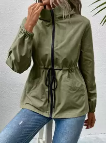 SHEIN LUNE Áo khoác nữ Dây kéo Túi màu trơn Giải trí - xanh quân đội - Xem 5