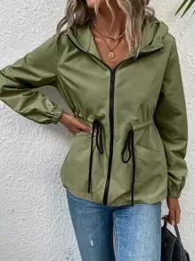 SHEIN LUNE Áo khoác nữ Dây kéo Túi màu trơn Giải trí - xanh quân đội - Xem 6