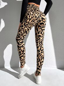SHEIN LUNE Leopard Print High Waist Leggings,Casual - Khaki - View 2