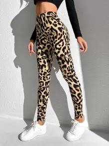 SHEIN LUNE Leopard Print High Waist Leggings,Casual - Khaki - View 3