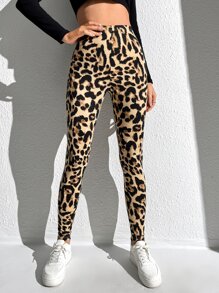 SHEIN LUNE Leopard Print High Waist Leggings,Casual - Khaki - View 4