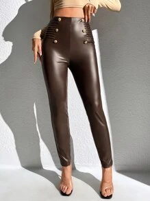 高腰PU皮革緊身褲 - 巧克力棕 - 查看 1