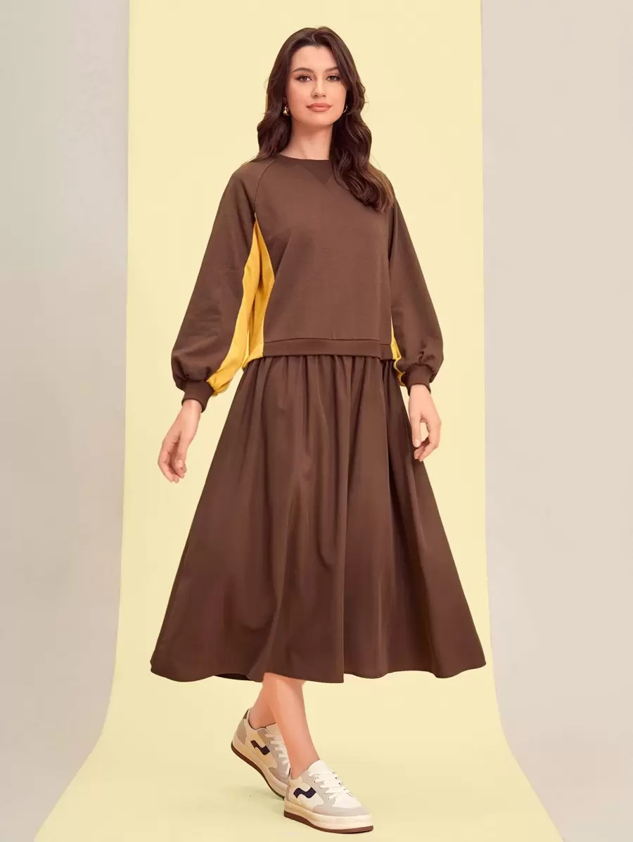Mulvari 撞色燈籠袖連衣裙 - 咖啡棕 - 查看 1