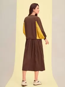 Mulvari 撞色燈籠袖連衣裙 - 咖啡棕 - 查看 2