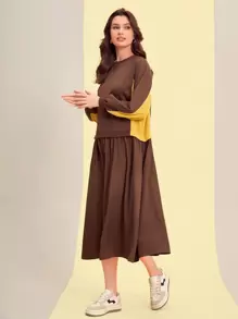 Mulvari 撞色燈籠袖連衣裙 - 咖啡棕 - 查看 3