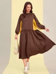 Mulvari 撞色燈籠袖連衣裙 - 咖啡棕 - 查看 4