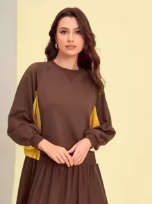 Mulvari 撞色燈籠袖連衣裙 - 咖啡棕 - 查看 5