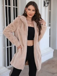 RELISH NOLESS Women's Zip-Up Faux Fur Hooded Jacket, Winter - Apricot - View 5